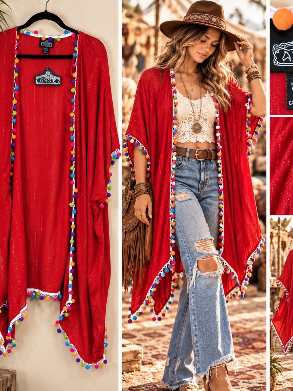 Angie Red Kimono Cardigan L Pom Pom Trim Boho Artsy Festival Metallic Stripe